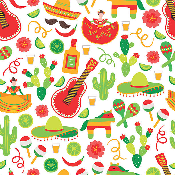 ilustrações de stock, clip art, desenhos animados e ícones de cristine de mayo, sem costura padrão com dança mulher, tequila, figos - mexican culture cinco de mayo backgrounds sombrero