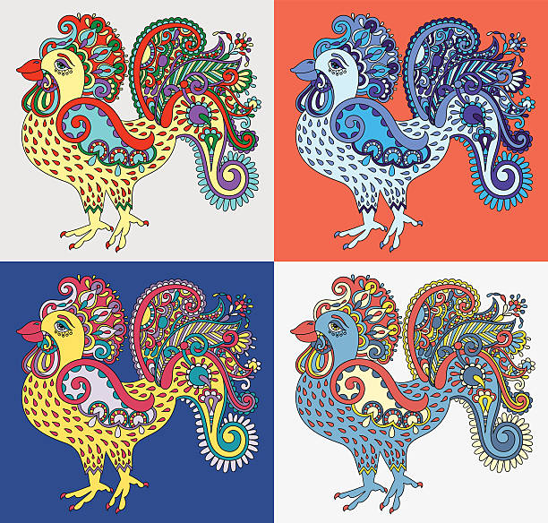 original retro cartoon chicken drawing, symbol of 2017 new year original retro cartoon chicken drawing, symbol of 2017 new year of the rooster in karakoko style, vector illustration cock tattoo stock illustrations