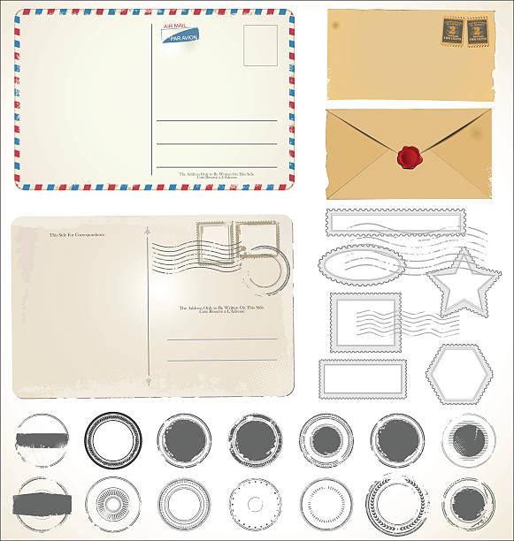 illustrations, cliparts, dessins animés et icônes de groupe de publier timbre illustration vectorielle des symboles - air mail retro revival envelope rubber stamp