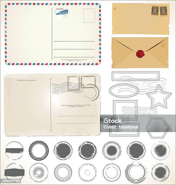 Set Of Post Stamp Symbols Vector Illustration Stock Illustration - Download Image Now - Postcard, Old-fashioned, Retro Style