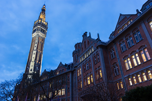 Belfry of the Town Hall in Lille in France in the evening