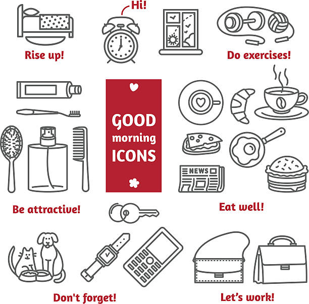 Good morning line icons. Line icons about work day morning timetable. Free font used - Amaranth - SIL Open Font License v1.10. brat burger stock illustrations