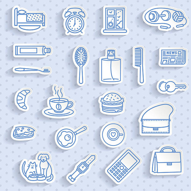 Morning. Set of 3D paper stickers. Set of stickers with transparent soft shadow. brat burger stock illustrations