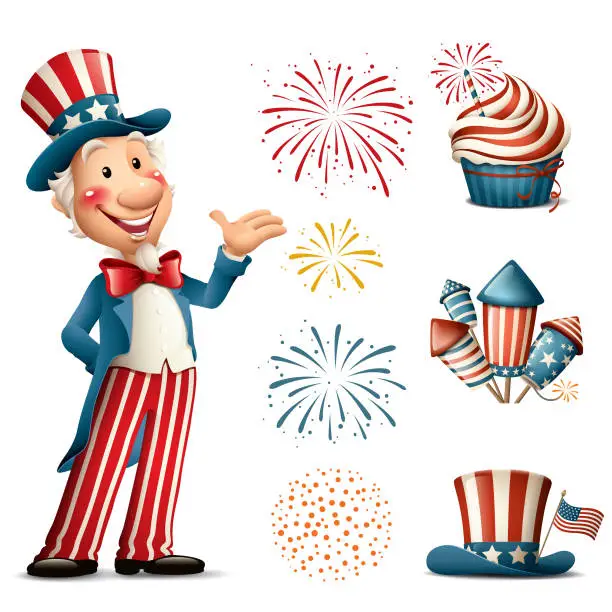 Vector illustration of Cartoon Uncle Sam - fourth of july set