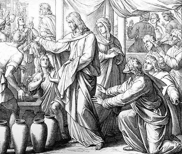 ilustrações, clipart, desenhos animados e ícones de casamento no cana-jesus alterações água de vinho - new testament