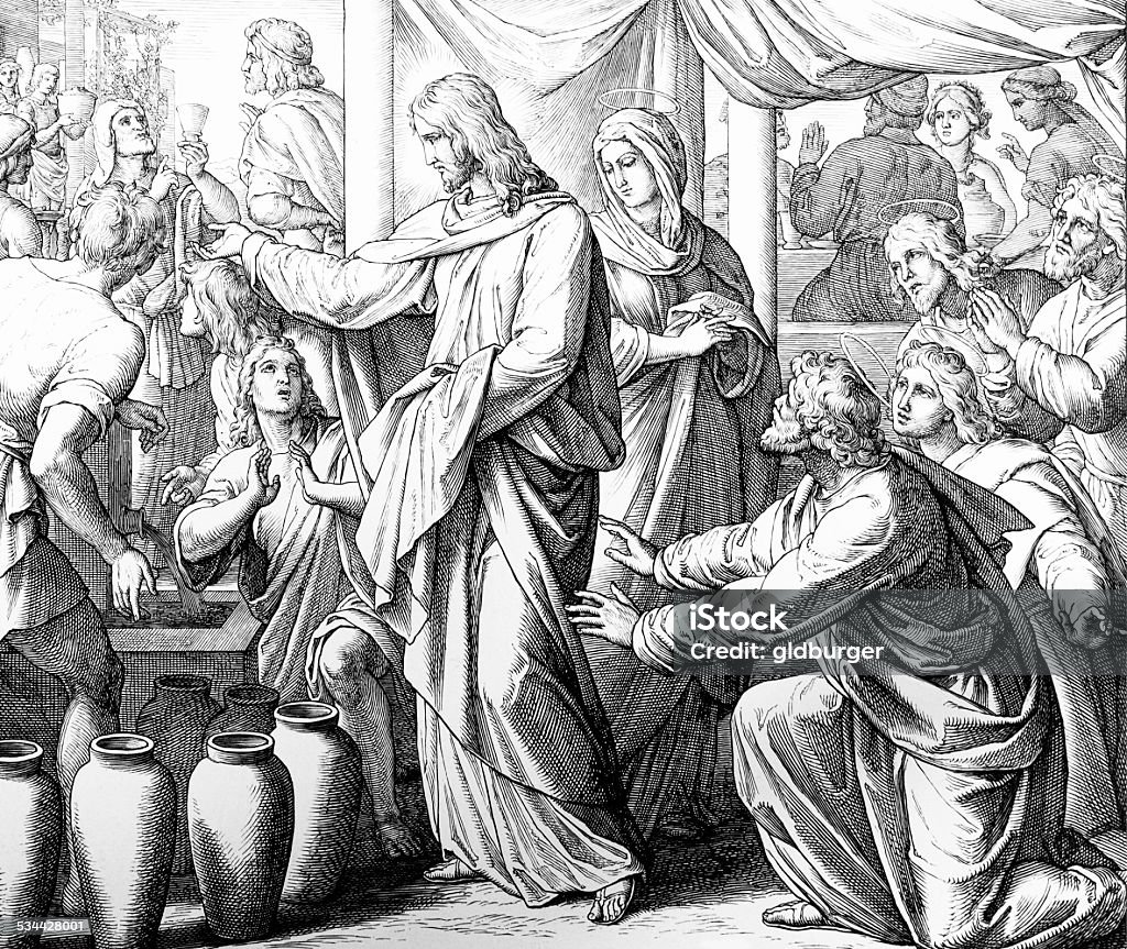 Wedding at Cana - Jesus changes water to wine Engraving by the German painter Julius Schnorr von Carolsfeld (March 26, 1794 - May 24, 1872) Wedding stock illustration