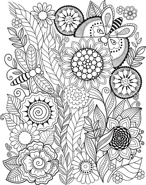 lato kwiatów. kolorowanka dla dorosłych. - white background relaxation black flower stock illustrations