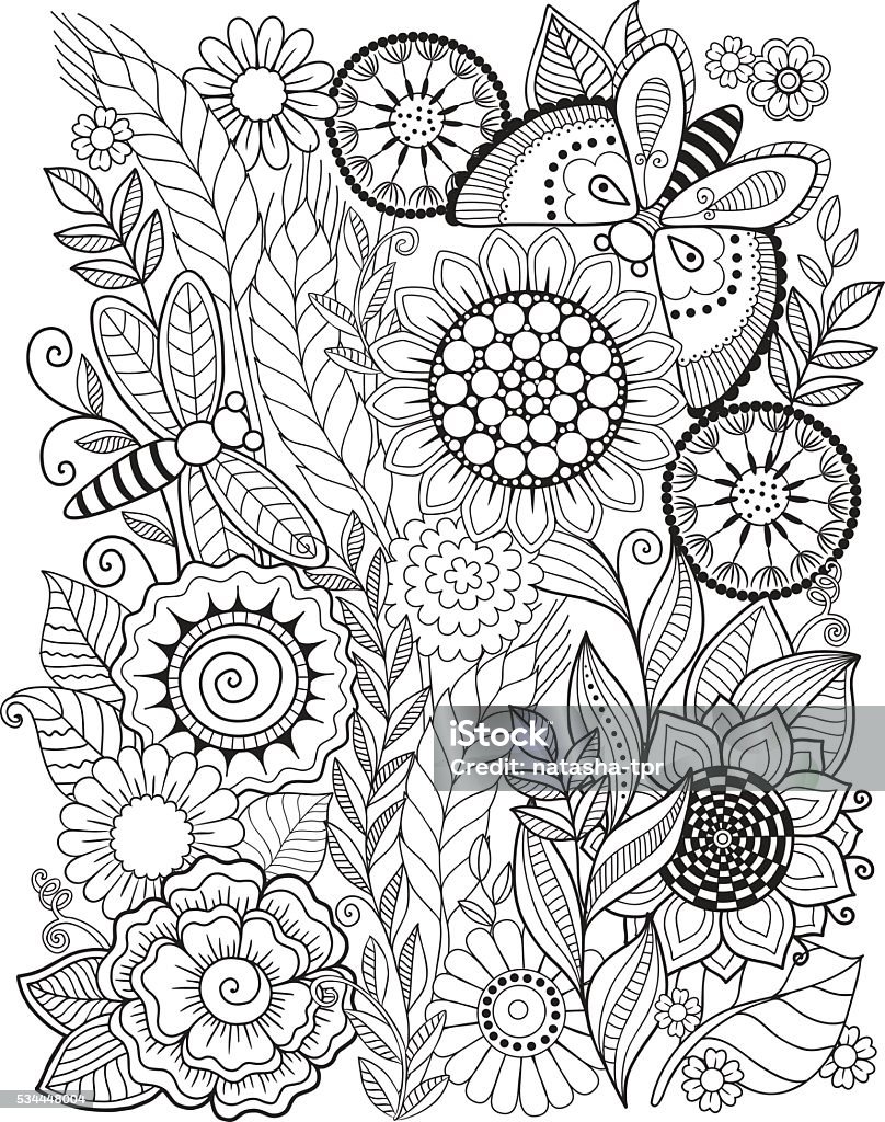 Summer flowers. Coloring book for adult. Coloring book for adult. Summer flowers. Vector elements. Coloring Book Page - Illlustration Technique stock vector