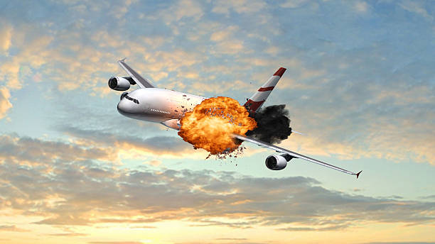 Passenger Airplane with a big explosion in the sky stock photo