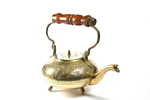 Antique Brass Tea Pot or Kettle on White Background