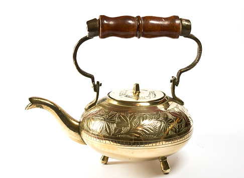 Antique Brass Tea Pot or Kettle on White Background