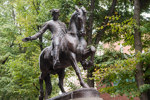 Bronze statue of Paul Revere on Boston's Freedom Trail historic tourist walk.