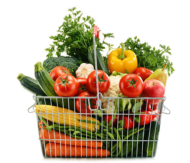 istock Wire shopping basket with groceries isolated on white 534472607