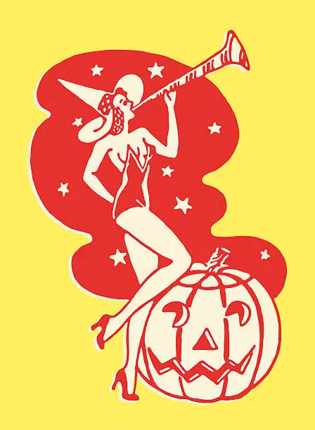 Vector illustration of Woman Blowing Horn on Halloween