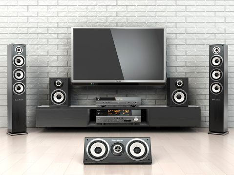 Home cinemar system. TV,  oudspeakers, player and receiver  in the room. 3d