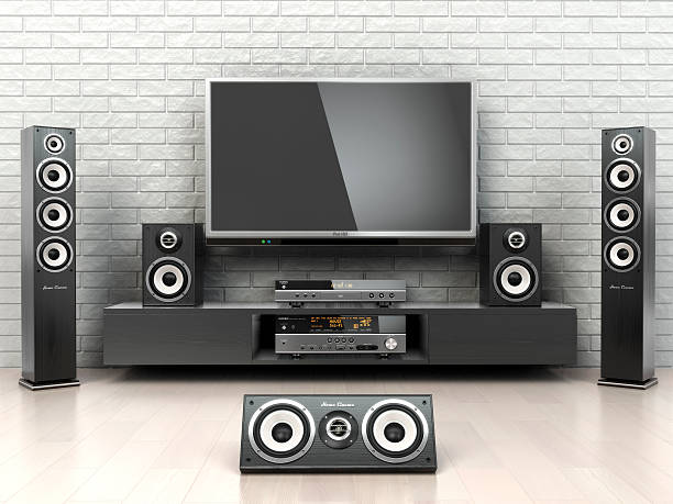 Home cinemar system. TV,  oudspeakers, player and receiver  in t Home cinemar system. TV,  oudspeakers, player and receiver  in the room. 3d hi fi stock pictures, royalty-free photos & images