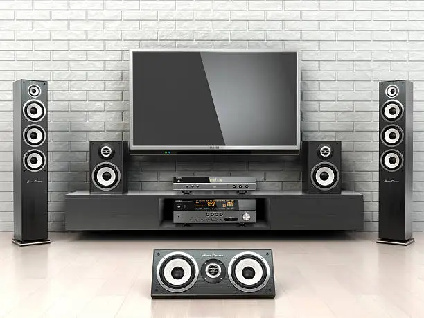 Photo of Home cinemar system. TV,  oudspeakers, player and receiver  in t