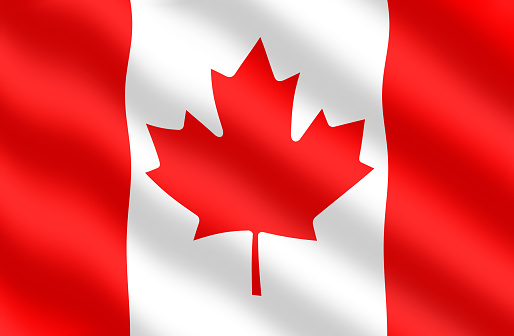 Close-up of Canada national flag waving in the wind. White square in center and red stylized maple leaf with eleven points. 3D illustration render. Rippled fabric