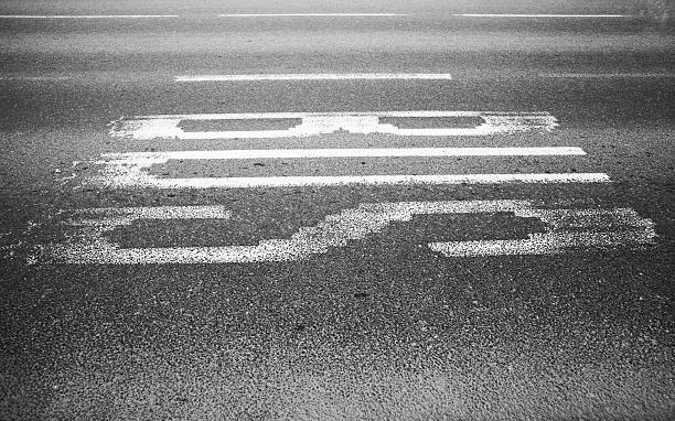 istock Bus text label on urban asphalt road 534477782