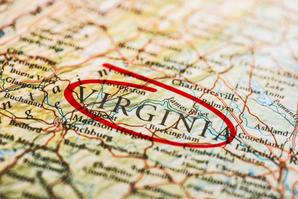 Virginia Marked on Map Virginia circled with red marker on map. Close up shot. virginia us state stock pictures, royalty-free photos & images
