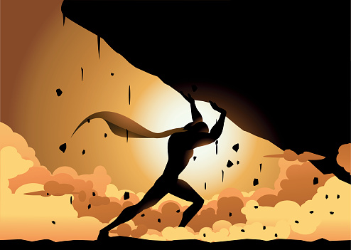 A silhouette style illustration of a superhero lifting a falling heavy rock creating debris and dust around. Copy space available for your text in the rock area. 