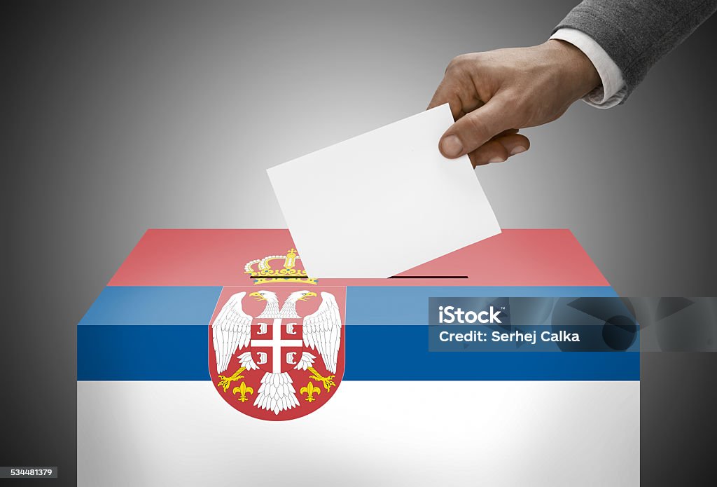 Ballot box painted into national flag colors - Serbia 2015 Stock Photo