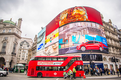 London, England - March 5, 2016: Picadilly Circus square in London, England, with its iconic advertisement panels.