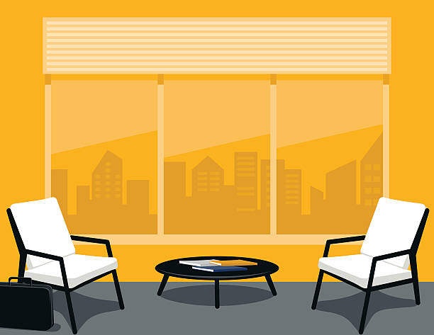 Bright yellow and Grey Office or waiting Room Bright yellow and Grey Office or waiting Room. View of the city out the window. There are two chairs and a table with magazines. domestic room illustrations stock illustrations