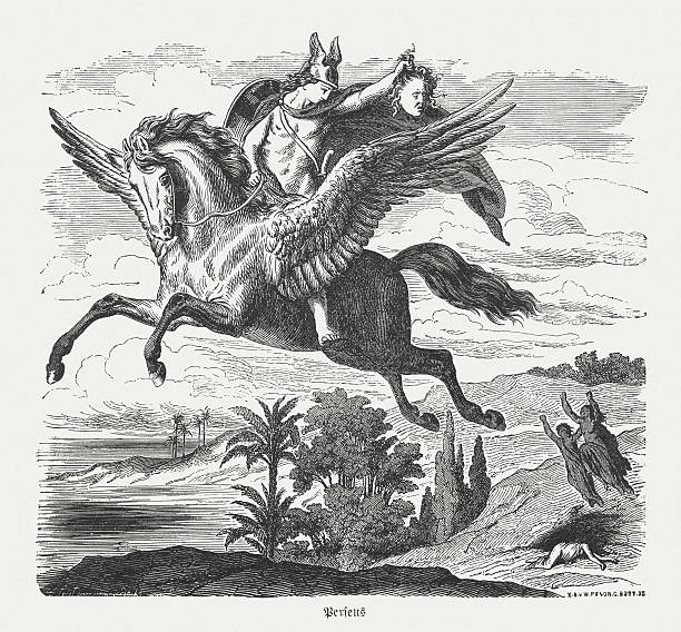 Perseus on Pegasus, Greek Mythology, wood engraving, published in 1880 Perseus with the Medusa head on the winged horse Pegasus. Scene from the Greek mythology. Wood engraving after a drawing by Heinrich Leutemann (German painter, 1824 - 1905), published in 1880. mythological character stock illustrations