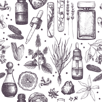 Seamless pattern with hand drawn perfumery and cosmetics materials sketch. Vintage illustration