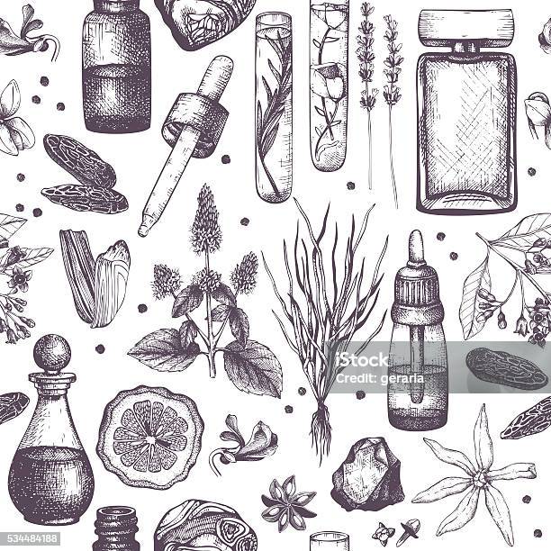 Organic And Floral Perfume Ingredients Background Stock Illustration - Download Image Now - Essential Oil, Herbal Medicine, Illustration