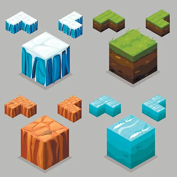 Vector illustration of Nature isometric. Ice, desert , land and water