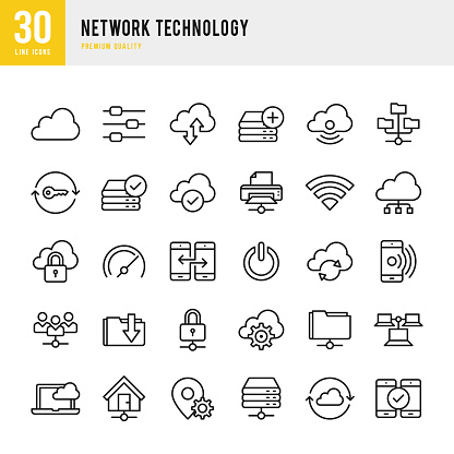 Network Technology set of 30 thin line vector icons.