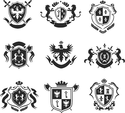 Heraldic coat of arms decorative emblems black set with royal crowns and animals isolated vector illustration.