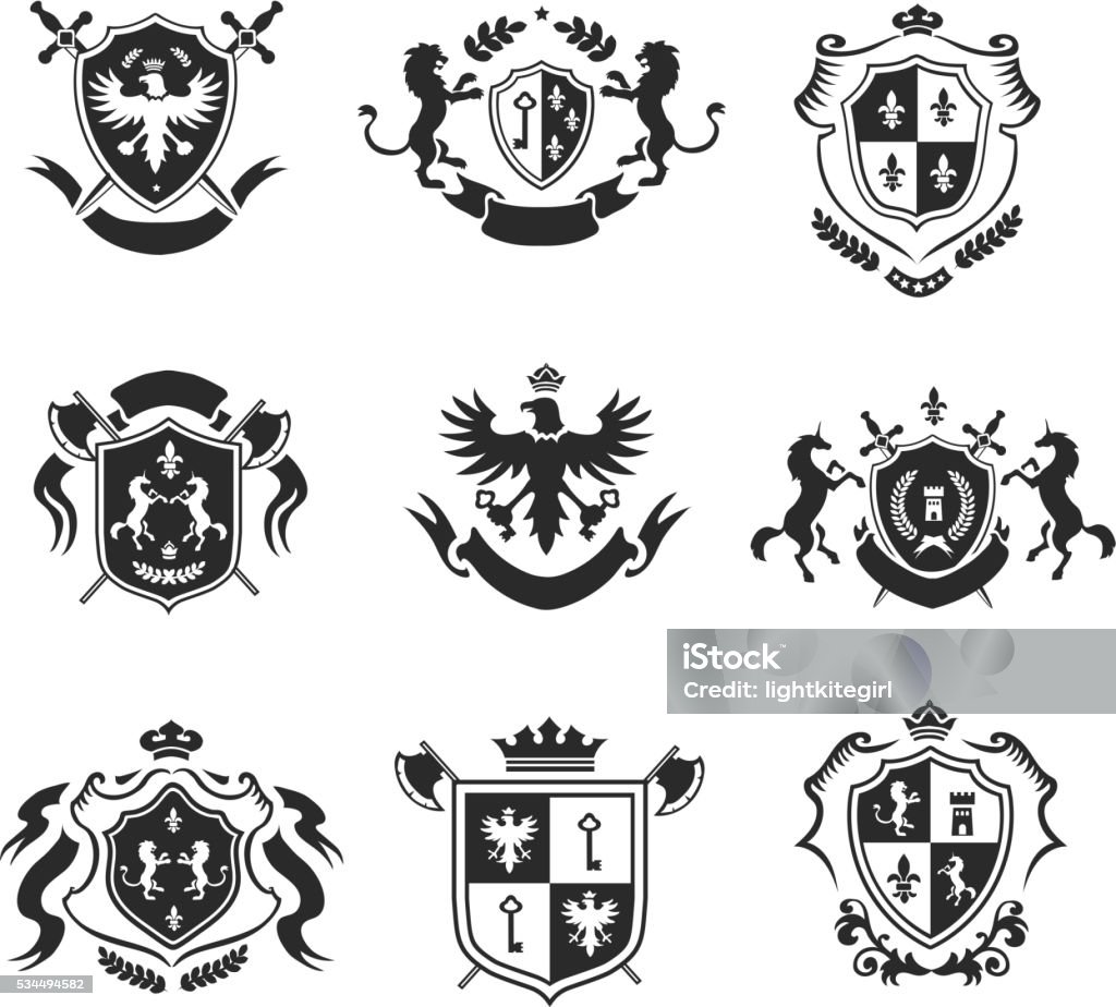 Heraldic coat of arms decorative emblems black set Heraldic coat of arms decorative emblems black set with royal crowns and animals isolated vector illustration. Coat Of Arms stock vector