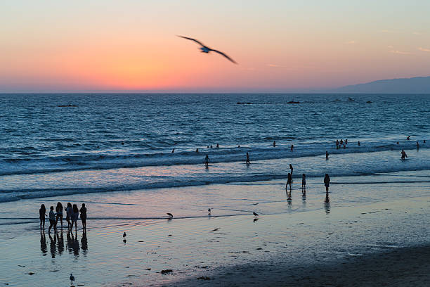 pessoas a caminhar na praia ao pôr do sol de santa monica - santa monica beach tourist tourism lifeguard hut imagens e fotografias de stock