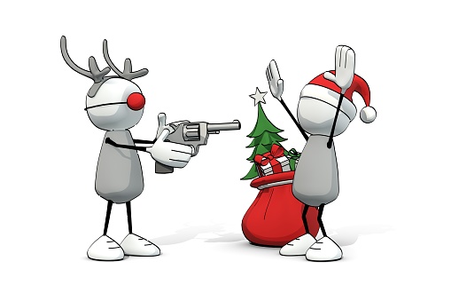 little sketchy man as reindeer with gun robbing santa clause