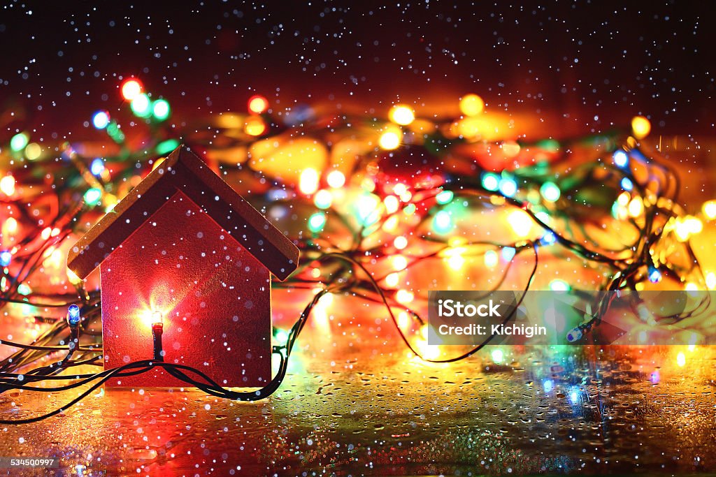 Christmas background, garland lights toys snowflakes snow glare night 2015 Stock Photo