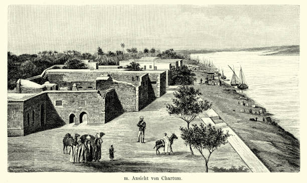 19th Century Sudan - Khartoum Vintage engraving of a view from Khartoum, Sudan. Ferdinand Hirts Geographische Bildertafeln,1886. khartoum stock illustrations
