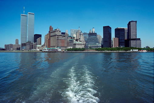 The Lower Manhattan skyline with the World Trade Center, from the Staten Island Ferry in June 1980 in a clear day.