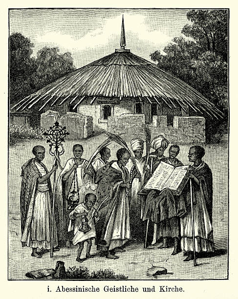 19th Century Ethiopia - Priest and Church Vintage engraving of Ethiopian clergy and church. Ferdinand Hirts Geographische Bildertafeln,1886. ethiopian orthodox church stock illustrations