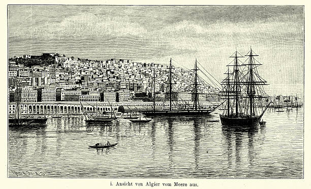 19th Century Algiers Vintage engraving of a View of Algiers from the sea. Ferdinand Hirts Geographische Bildertafeln,1886. algiers stock illustrations