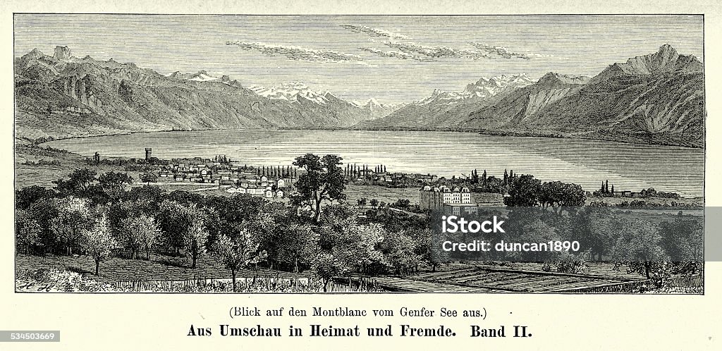 19th Century Mont Blanc Vintage engraving of a view of Mont Blanc from Lake Geneva. Ferdinand Hirts Geographische Bildertafeln,1886. Engraved Image stock illustration