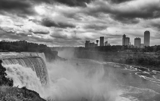 The American Falls of Niagara Falls as seen from NY State, Horseshoe Falls in the distance - September 2010