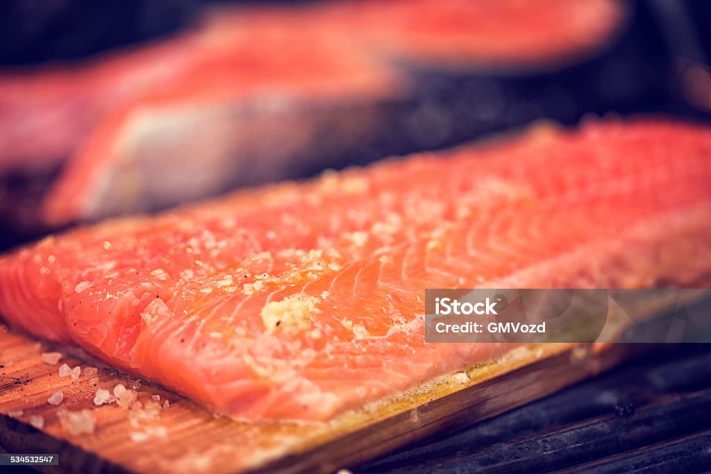 Grilled Salmon Fillet and Steak on BBQ Grill 2015 Stock Photo