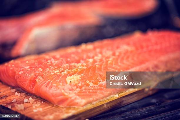 Grilled Salmon Fillet And Steak On Bbq Grill Stock Photo - Download Image Now - 2015, Catch of Fish, Cod Liver Oil