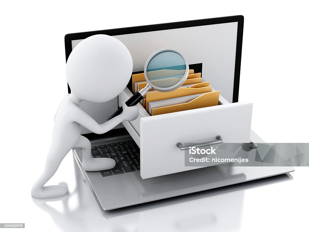 3d white people with Laptop and folders. 3d renderer. White people examines files with Laptop and folders. Data storage concept. 2015 Stock Photo