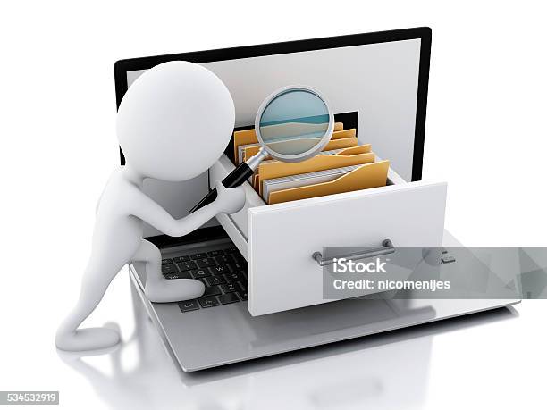 3d White People With Laptop And Folders Stock Photo - Download Image Now - 2015, Archives, Backup