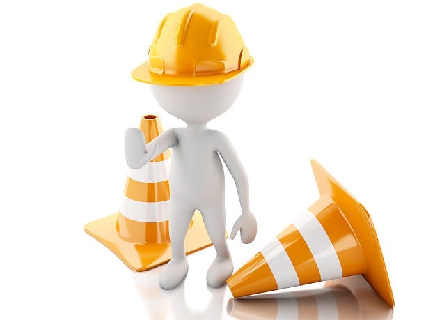 istock 3d white people stop sign with helmet and traffic cones. 534536421