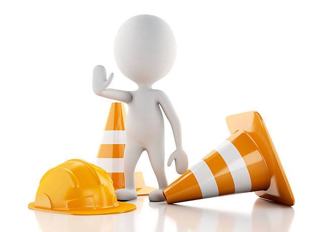 istock 3d white people stop sign with helmet and traffic cones. 534536431